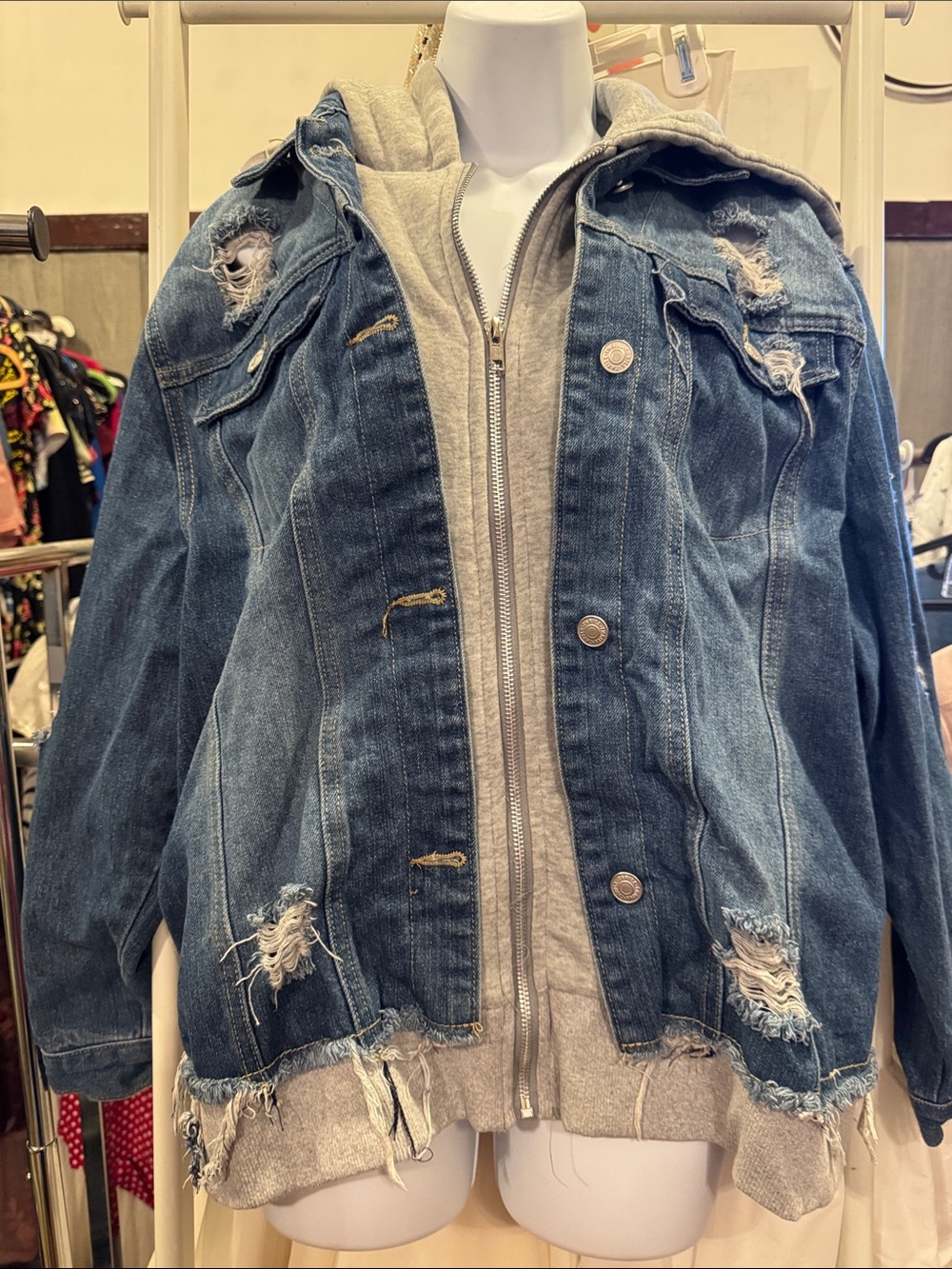 Thrill Blue Distressed Denim Jacket with Grey Hood Insert